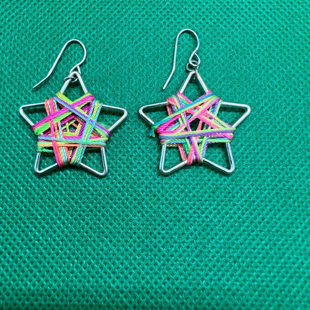 New Star Colorful Yarn Earrings Silver Tone